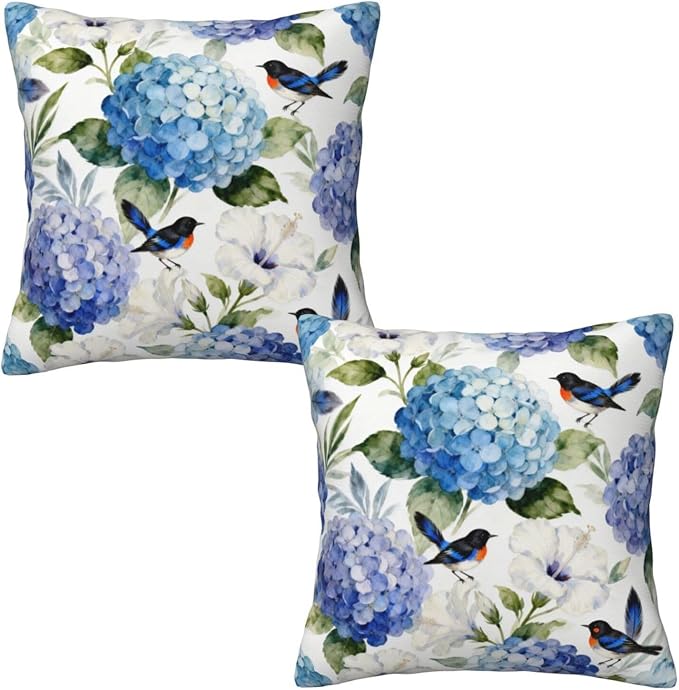 Blue and White Floral Pillow Covers 18x18 Set of 2, Spring Hydrangea Hibiscus Flower Throw Pillow Covers Outdoor Decorative Pillow Case for Couch Bed Sofa Cushion Home Decor