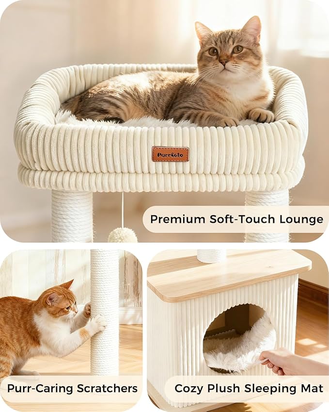 Small Cat Tree for Indoor Kittens, 30" Compact Modern Cat Tower | Natural Bamboo Cozy Condo, Soft Padded Perch, Sisal Scratching Post, Dangling Ball Toy, Stable Base, for Cats up to 15 lbs