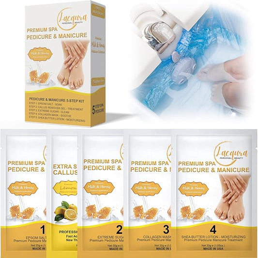 Epsom Salt Soak, Callus Remover Gel, Extreme Sugar Scrub, Collagen Mask & Shea Butter Lotion – Professional Spa Foot Care System 5 Step Luxury Pedicure Kit. Milk & Honey 03 Set