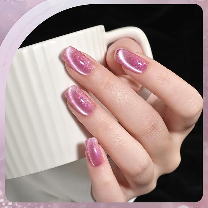 GAOY Pink Cat Eye Gel Nail Polish, 16ml Glitter Holographic Nail Polish with Magnet, Reflective Translucent UV Gel, 2931 Pink Stardust