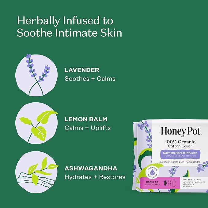 Honey Pot - Calming Herbal Bundle - Sanitary Pads for Women - 100% Organic Cotton - Feminine Care - Non Cooling - Calming Herbs of Lavender, Ashwagandha, & Lemon Balm