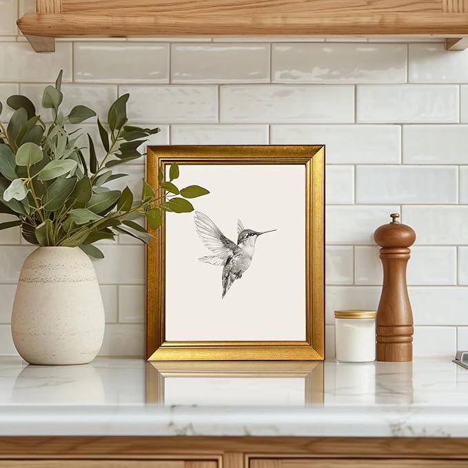 Hummingbird Sketch Wall Art Vintage Gold Framed Artworks for Wall Bird Nursery Canvas Print Neutral Minimalist Picture Painting Bedroom Living Room Decor