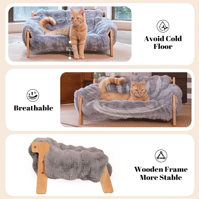 Elevated Cat Couch Bed Wooden Raised Kitty Sofa Lounge Chair | Washable Fluffy Cover Wooden Elevated Pet Furniture for Indoor Cats and Puppy(Dark Grey)