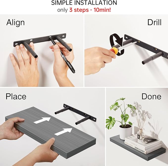 BAYKA Grey Floating Shelves 15.7in, Set of 3, Wall Mount Rustic Wood Shelf | 22lbs Max Load, Hidden Bracket, for Bathroom Bedroom Kitchen Display Storage Decor, Easy Install, Multi-Wall Compatible