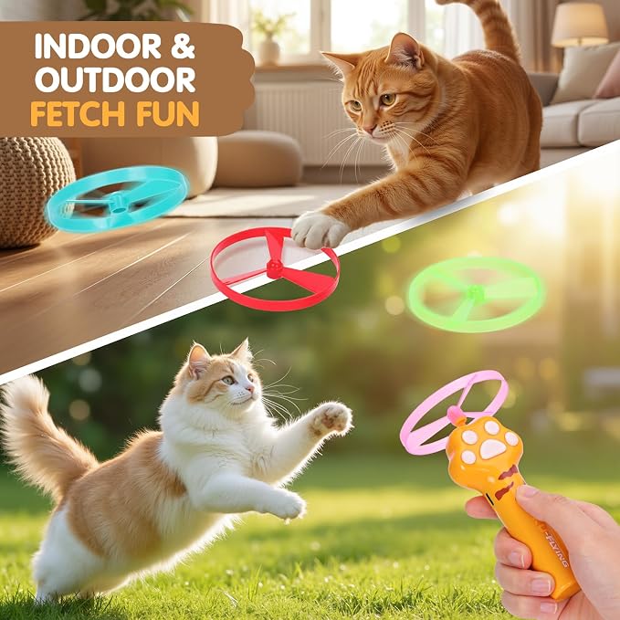 Cat Fetch Toy, Flying Disc Launcher with 6 Flying Discs