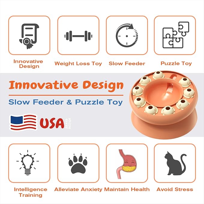 KADTC Cat Puzzle Toy Slow Feeder Bowl for Fast Eater, Kitten Enrichment Toy | 15° Base Eases Deep Stooping, Keeps Chins Cleaner; Daily Brainwork Fights Boredom, Curbs Overeating, Supports Weight Control.