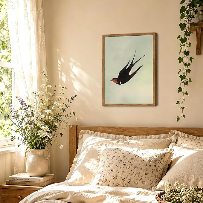 Framed Vintage Bird Wall Art, Sage Green Flying Swallow Pictures Wall Decor, Minimalist Japandi Nature Paintings Canvas Prints Modern Home Decor for Living Room Bedroom Bathroom Office 12x16 Inch
