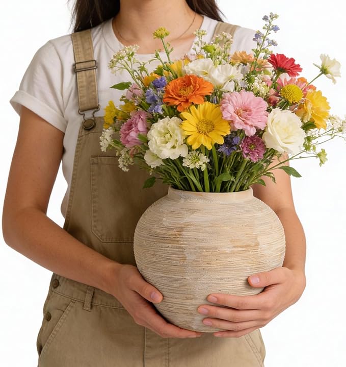 Rustic Ceramic Vintage Farmhouse Vase for Decor (Large Ribbed Beige) | Textured Vase Home Decor, 8.8 in Decorative Terracotta Round Bowl vase for Living Room, Table, Shelf, Kichen Décor