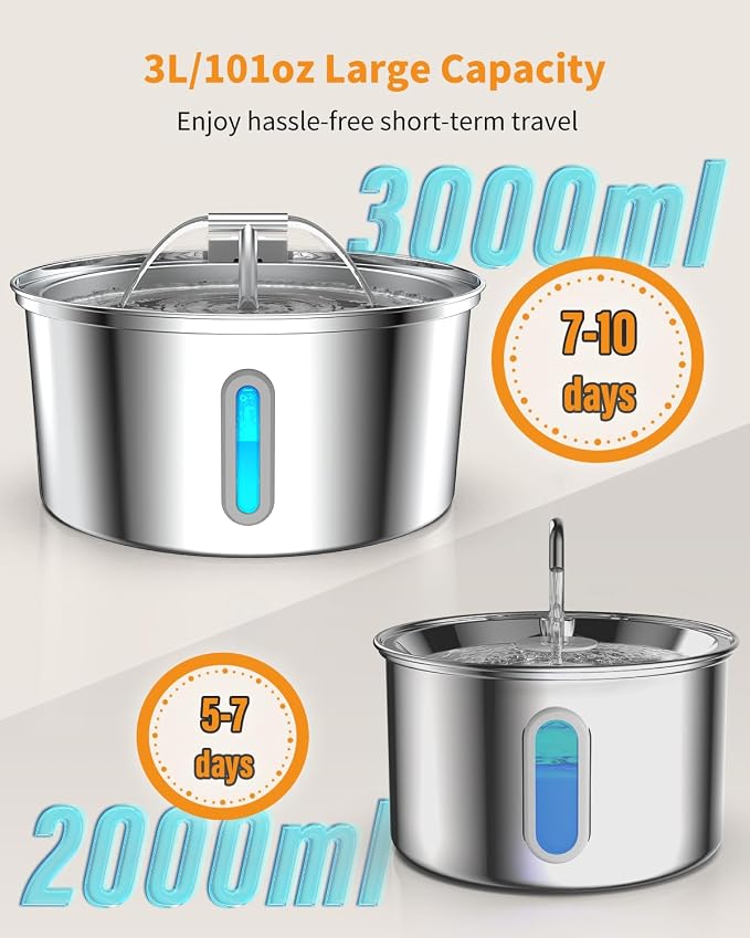 Lawfery Cat Water Fountain Stainless Steel, 108oz/3.2L Pet Fountain | 3 Replacement Filters, Quiet Pump, Cat Drinking Fountain for Indoor Cats and Small Dogs