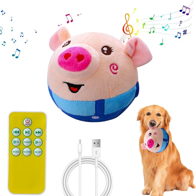 Interactive Plush Dog Toys, Interactive Puppy Toy Bouncing Rolling Dog Ball Remote Control with Music, Self Moving Pet Toy for Small/Medium/Large Bored Dogs to Keep Them Busy(Blue Pig)