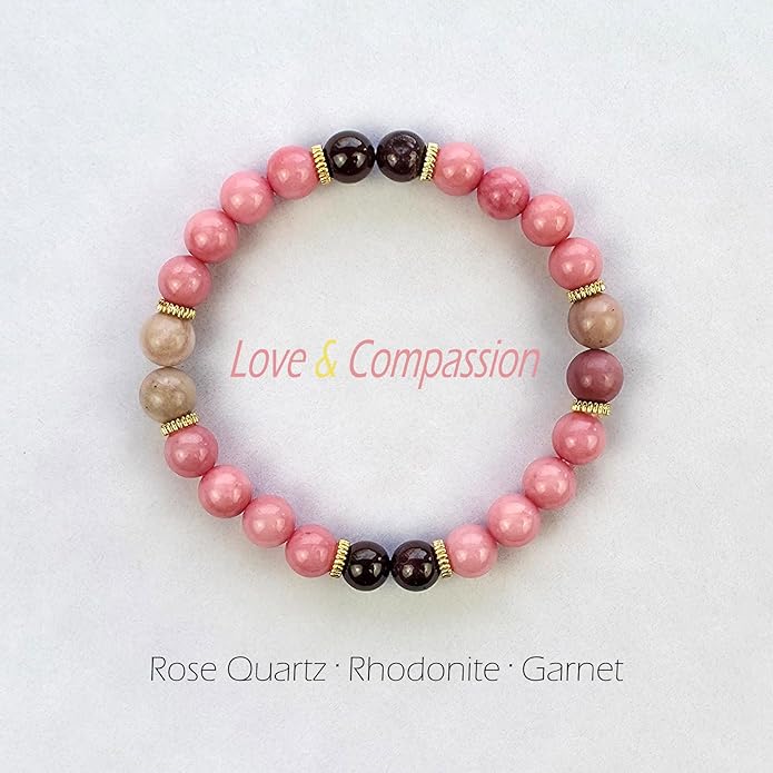 Natural Healing Crystal Gemstone Bracelet Handcrafted Crystal Bead Stretch Bracelet Yoga Meditation Beaded Bracelet with Love & Compassion Symbolic Theme for Women Girl (8mm, Rose Quartz, Rhodonite, Garnet)