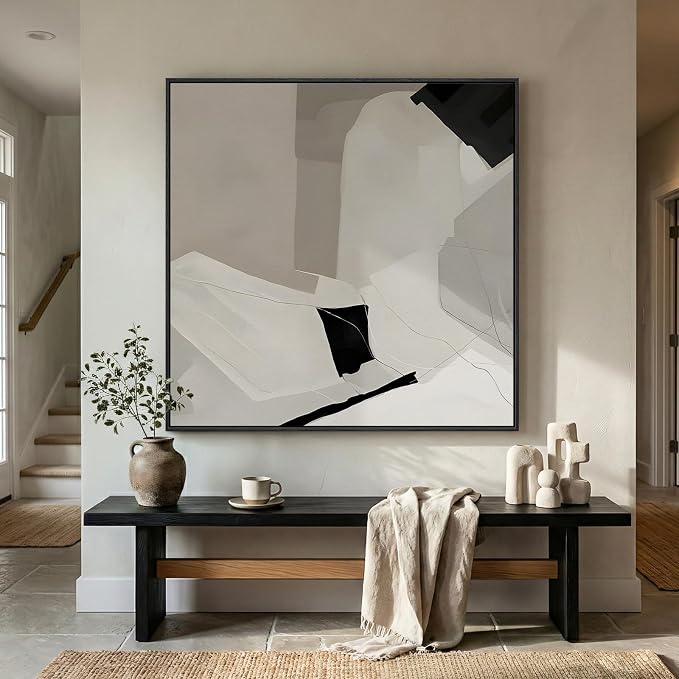 Extra Large Framed Black and White Abstract Wall Art for Living Room, Oversized Square Modern Canvas Prints Paintings, Neutral Minimalist Pictures for Hallway Dining Bedroom Office Wall Decor 40x40 In