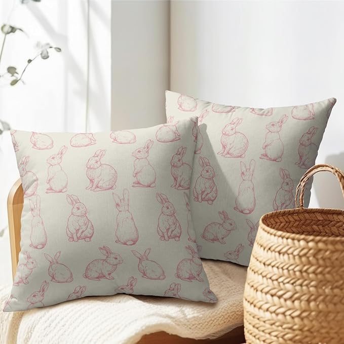 Kawani Easter Bunny Throw Pillow Covers 18x18 Inch Set of 2 Vintage Pink Rabbits Rustic Decorative Pillowcase Square Cotton Linen Cushion Case for Sofa Bed Couch Porch Outdoor Home Decor