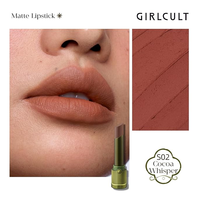 GIRLCULT Matte Lipstick – Long Lasting Velvet Finish, Smudge Proof & Lightweight Lipstick for Women, Transfer Proof One-Swipe Color, Gift for Her (S02)