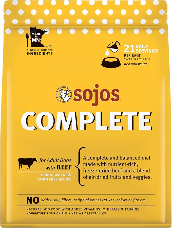 Sojos Complete Freeze Dried Raw Adult Dry Dog Food, Grain Free, Natural, Beef Recipe, 7 lb Bag