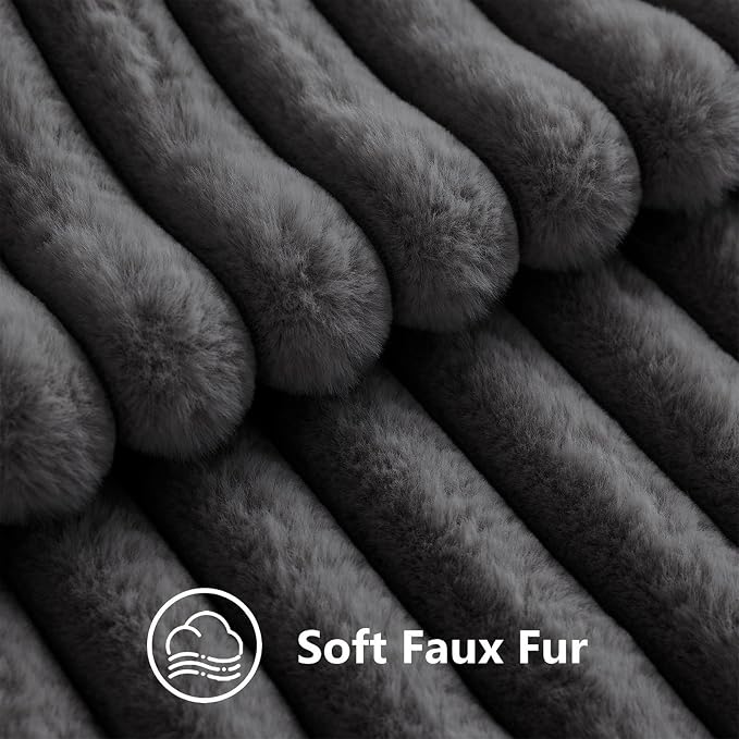 decorUhome Fall Faux Fur Throw Pillow Covers 12x20 Set of 2 Dark Grey | Decorative Soft Cozy Striped Plush Modern Farmhouse Boho Couch Pillow Cases Velvet Back for Sofa Bed Living Room Home Decor