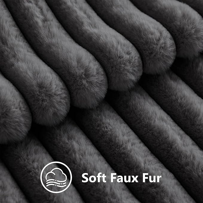 decorUhome Fall Faux Fur Throw Pillow Covers 22x22 Set of 2 Dark Grey | Decorative Soft Cozy Striped Plush Modern Farmhouse Boho Couch Pillow Cases Velvet Back for Sofa Bed Living Room Home Decor
