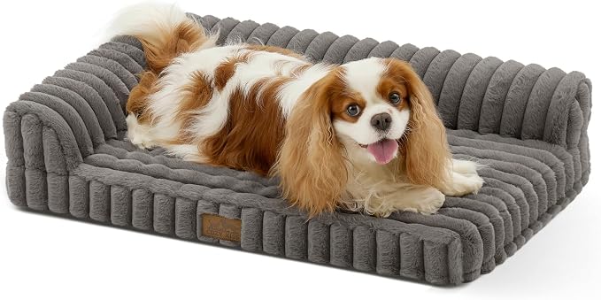 COZY KISS Faux Rabbit Fur Small Dog Bed – 30"x20" Orthopedic Foam Couch with Sides, Removable Washable Cover & Waterproof Lining, Grey