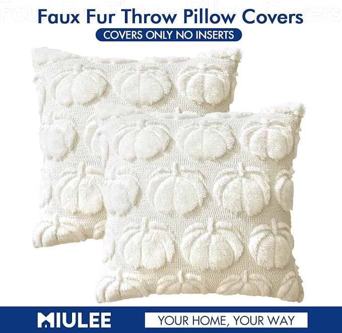 MIULEE Fall Pillow Covers Pumpkin Fall Decor 20x20 Cream White | Set of 2 Fall Decorations for Home, Plush Faux Fur Farmhouse Accent Pillowcases, Porch Sofa Couch Cushion Bed Livingroom