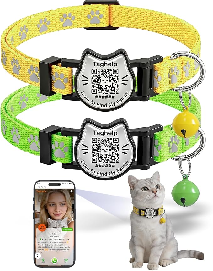 Breakaway Cat Collar with QR Code Tag and Bell (Yellow & Green) | Reflective Nylon, Quick-Release Buckle