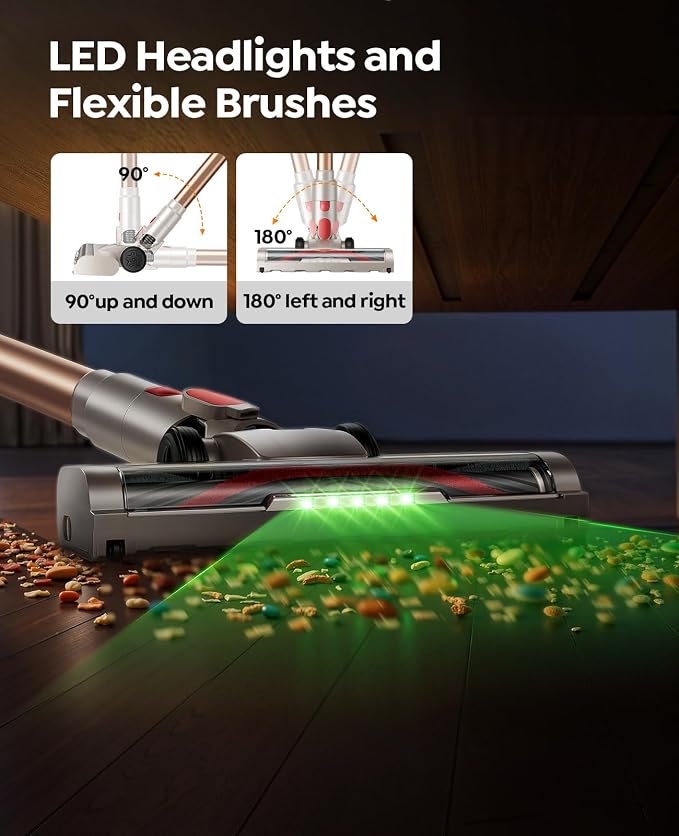 Cordless Vacuum Cleaner 650W 55KPA, 60Mins Stick Vacuum Cordless Rechargeable with 90° Folding Tube, Adjustable Height, Anti-tangle Brush, Wall-Mount, Handheld Vacuum Cleaner for Home/Pet Hair/Floors