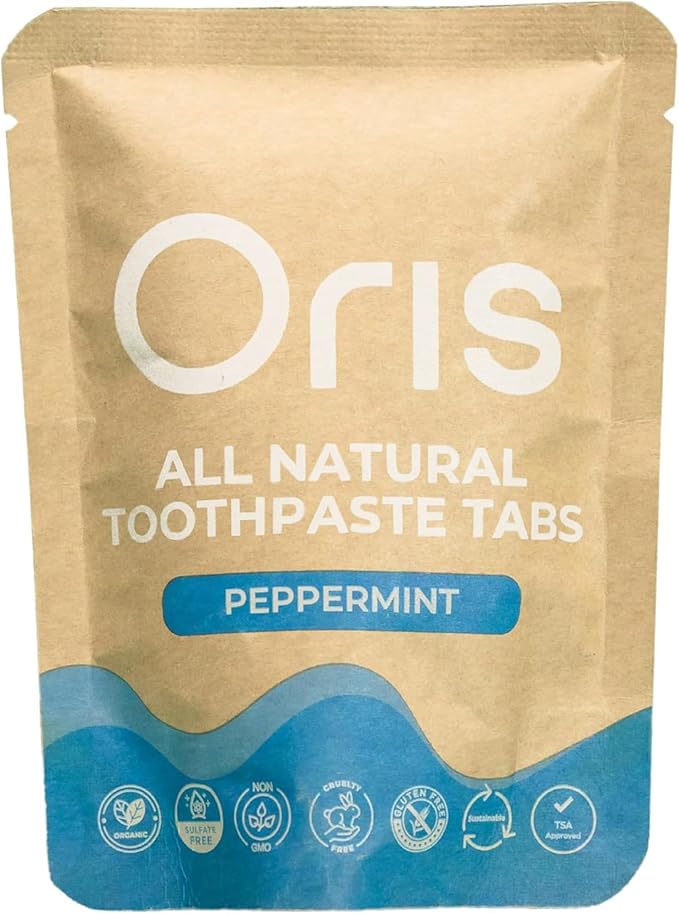Oris Natural Toothpaste Tabs - Chewable Toothpaste Tablets for Sensitive Teeth, TSA-Approved Plastic-Free & Kid-Friendly Zero Waste Travel Tabs - 62ct (Peppermint)
