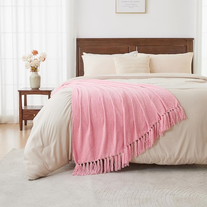 CozeCube Chenille Throw Blanket, Pink Fringe Blanket, 50"X60" | For Couch, Cozy Plush Fuzzy Decorative Blanket with Fringe Tassels, Lightweight Throws for Bed Sofa Gift Home Decor
