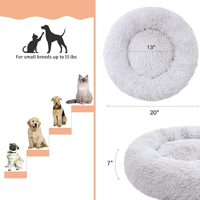 Fluffy Calming Cat Beds for Indoor Cats - Washable Round Dog Beds for Small Medium Dogs, Anti Anxiety Plush Faux Fur Pet Bed