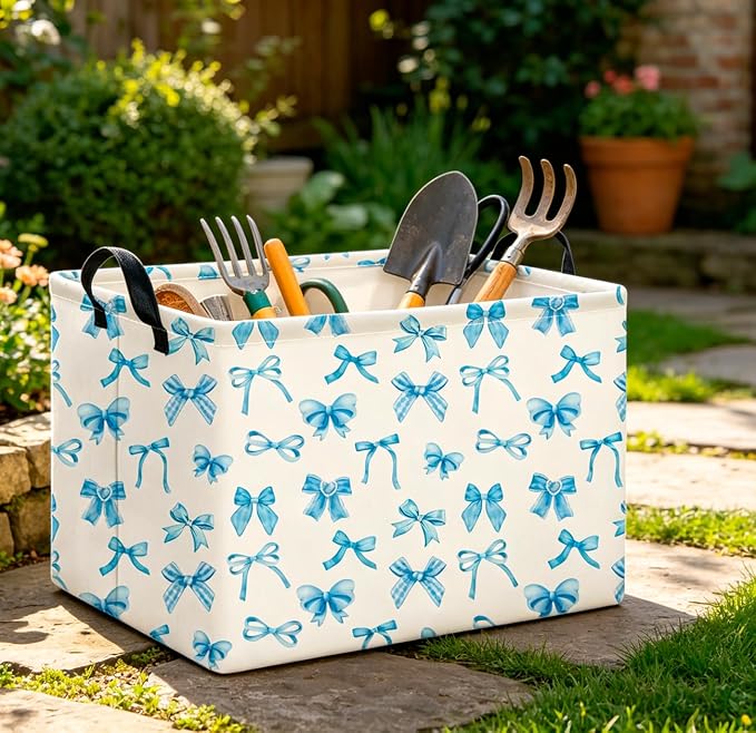 CLOCOR Rectangular Storage Basket Empty,Gift Basket,Waterproof Storage Bin,Room Decor(Blue Bowknot)