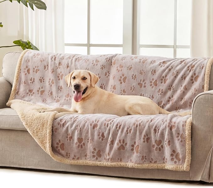 Luciphia Waterproof Dog Blanket Reversible Sherpa Fleece for Large Dogs Cat | Soft Print Pet Blanket Washable Pee Proof, Furniture Protector for Couch Sofa Bed Car, Cozy Throw (65" x 57", Khaki)