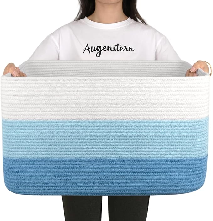 OIAHOMY Large Blanket Basket, 22”x17”x12” Rectangle Woven Baskets, Nursery Blanket Storage Living Room, Toy Storage With Handle, Large Baskets for Organizing-Gradient Light Blue