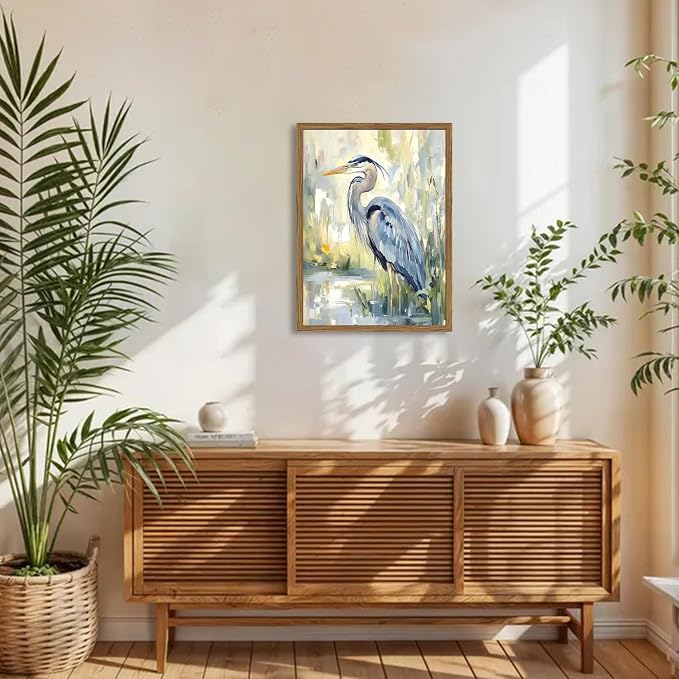 Framed Blue Heron Wall Art, Watercolor Sea Bird Pictures Wall Decor, Coastal Nature Wildlife Animal Paintings Canvas Prints for Living Room Bedroom Bathroom Office Home Decor 16x24 inch