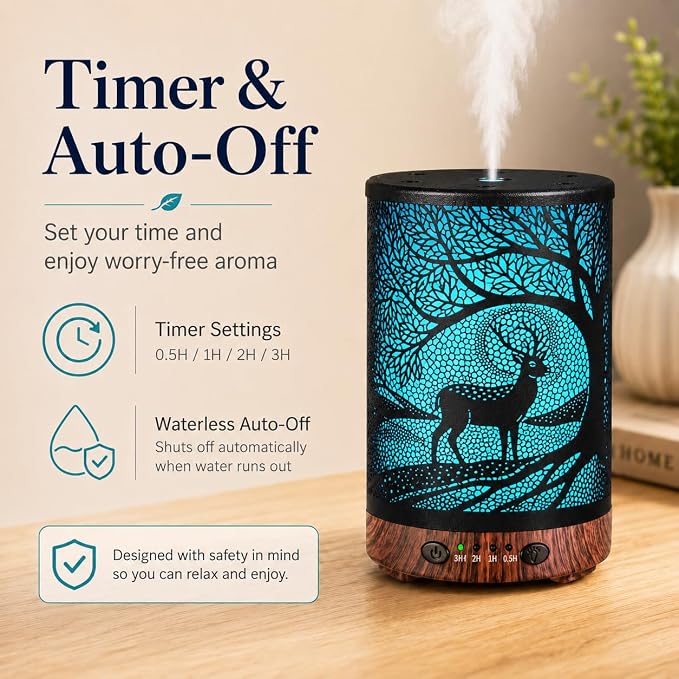 Essential Oil Diffuser, 120 ml Aromatherapy Diffuser with 7 Color Lights, Auto Shut-Off and 4 Timer Settings, Ultrasonic Cool Mist Diffuser for Home Room Office (Twilight Deer)