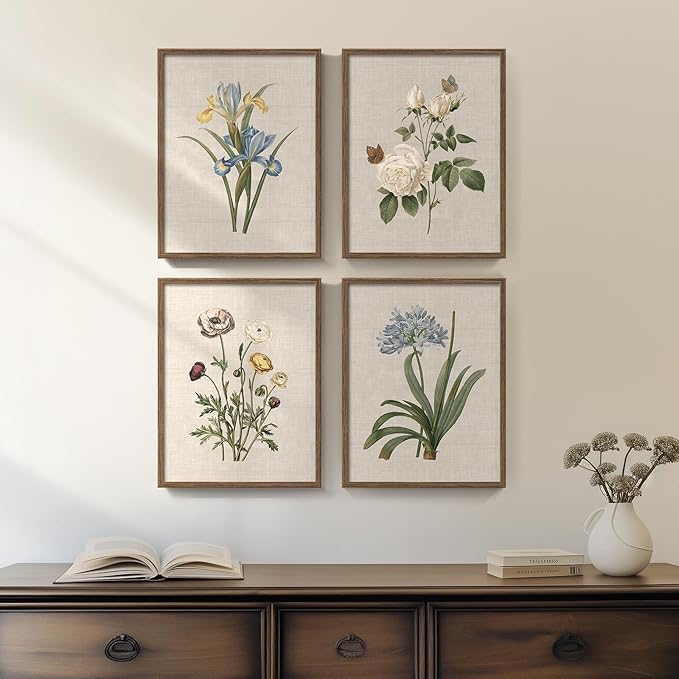Framed Vintage Botanical Floral Wall Art for Bedroom, 4 Piece 11x14 In | Modern farmhouse wall decor, Flower pictures, Rustic retro paintings, Ready to hang canvas prints, Kitchen bedroom home decor