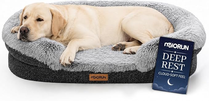 Fluffy Orthopedic Dog Beds Large Sized Dog, 48" Bolster Sofa Bed | Soft plush faux fur,lowered entry,washable cover,waterproof liner,claming dog couch for x-large dogs,supportive bolster