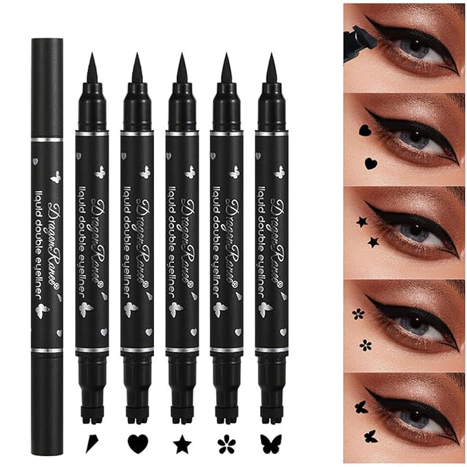 5Pcs Double-headed Liquid Eyeliner Stamp Pencil Set, Winged Eye-liner Pen, Long-lasting Black Tattoo Eye-liner delineador de ojos (Heart/Flower/Star/Butterfly/Cone) Shape Eye Liner Pencil for Women