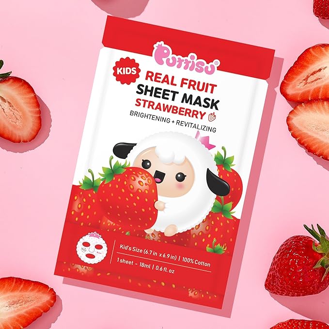 Puttisu Real Fruit Facial Mask Sheet for Kids, Children - Made with 100% Cotton, Moisturize, Sooths and Hydrates Skin (Strawberry- Pack of 21)