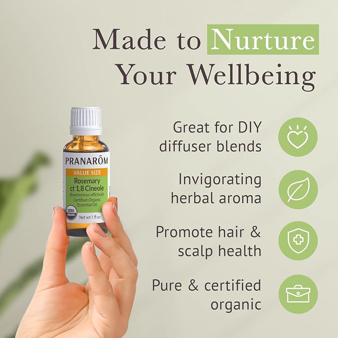 Pranarom USDA Certified Organic Rosemary Cineole Essential Oil (30ml), 100% Pure Undiluted Therapeutic Grade from Tunisia for Aromatherapy, Diffuser, Meditation, Massage, Relaxation