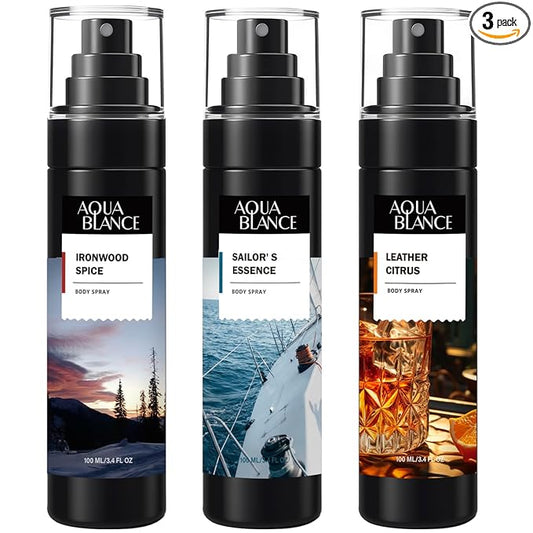 AQUA BLANCE Body Spray for Men, Mens Body Refreshing Spray, Long Lasting, Pack of 3, Each 3.4 Fl Oz, Total 10.2 Fl Oz, Ironwood Spice, Sailor' s Essence, Leather Citrus