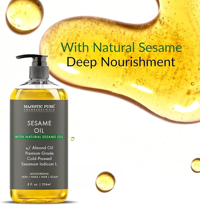 MAJESTIC PURE Sesame Massage Oil for Massage Therapy - Refreshing, and Relaxing - Natural Oils - for All Skin Types - Men and Women Massage Lotion- 8 fl oz