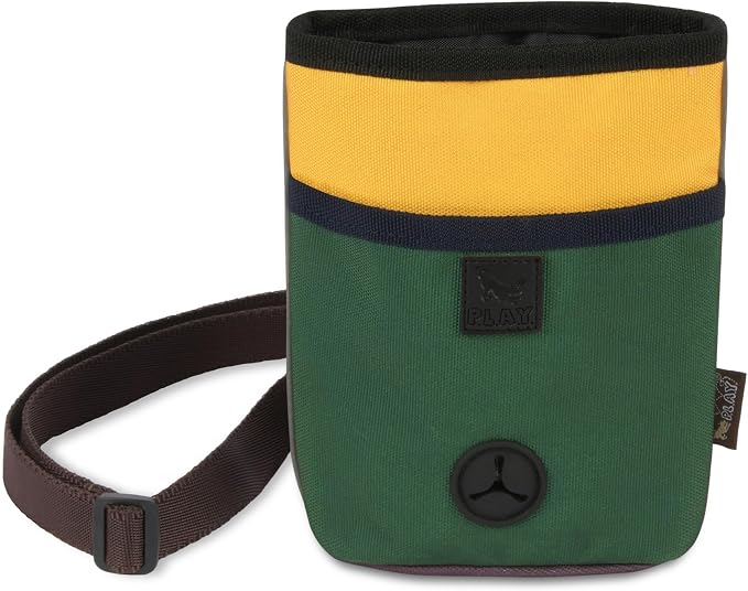 P.L.A.Y. Scout & About Deluxe Training Treat Pouch with Poop Bag Dispenser - 3 Way Wear, Detachable & Adjustable Strap, Reflective Strips, Water-Resistant Back Zipper Pocket, Squeaker (Moss)