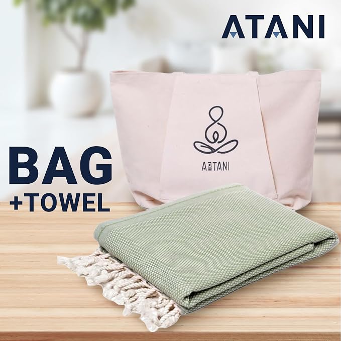 ATANI 69x35 in Oversized Turkish Beach Towel Set with Tote Bag – Quick-Dry 100% Turkish Cotton Peshtemal, Sand-Resistant, Lightweight for Shower, Travel, Pool, Yoga (Green)