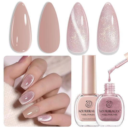 AZUREBEAUTY Cat Eye Nail Polish Set Magnetic Quick Dry Nude 2 Colors Nail Lacquer Natural Kit DIY Salon at Home Women Gifts 2Pcs 0.34 fl oz