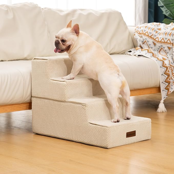 Aodisman Dog Steps for Bed & Couch,18.5" H 4-Step Pet Stairs for Small Dogs | High-Support Anti-Slip Dog Ramp, Easy-to-Climb Steps for Doggies, Older Cats,Short-Legged Dogs to Get on and off Beds,Beige
