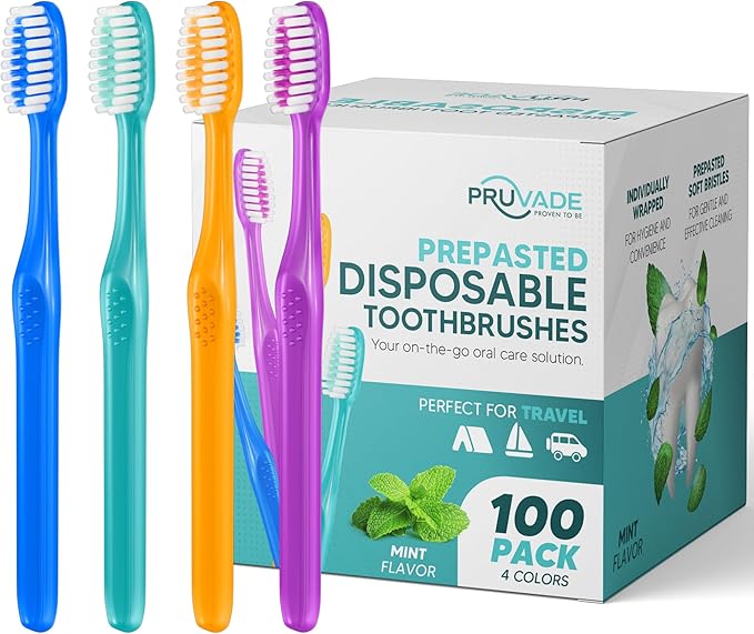 Pruvade 100 Pack Disposable Toothbrushes with Toothpaste Built in | Premium Quality Prepasted Toothbrushes Individually Wrapped - Waterless Toothbrush Soft Bristles for Work, Camping, Travel, Hotel