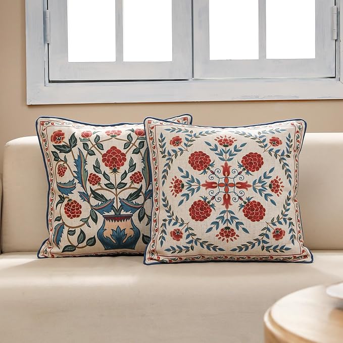 patdrea Designer French Vintage Linen Throw Pillow Cover,18"x18"-Puno A | Elegant Decorative Pillow Case with Zipper,Elegant Floral Pattern,Pillow Cover for Couch Living Room Bedroom Sofa