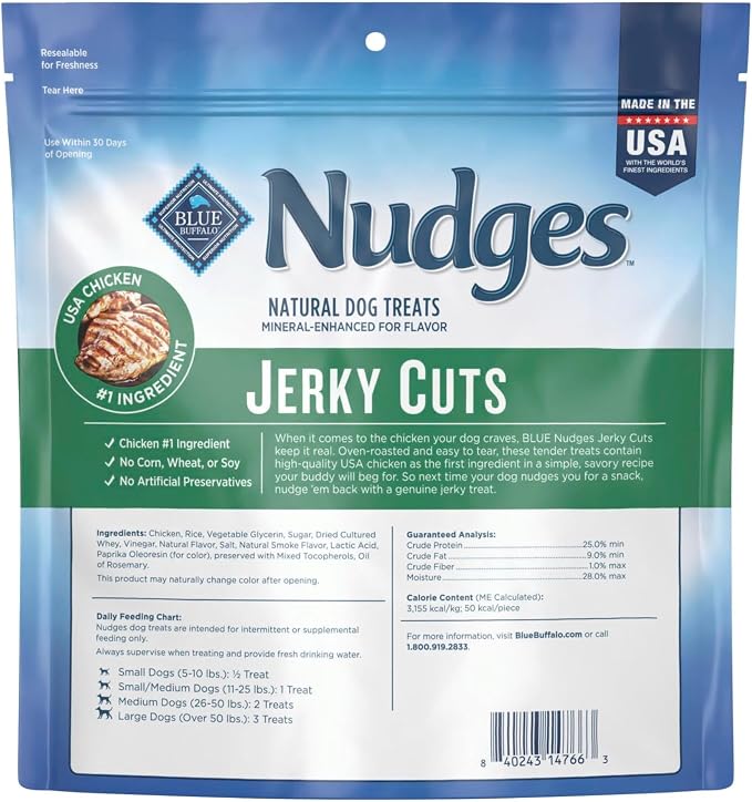 Blue Buffalo Nudges Jerky Bites Dog Treats, Made in the USA with Natural Ingredients, Bite-Sized Pieces, Chicken, 16-oz Bag, (Pack of 4)