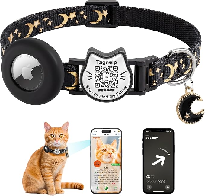 Smart QR Code Cat Collar with AirTag Holder,Star and Moon Breakaway Adjustable Kitten Collar with Pendant & Glow, Cute Pet Accessories for Girls & Boys, Pet Gifts(Black)