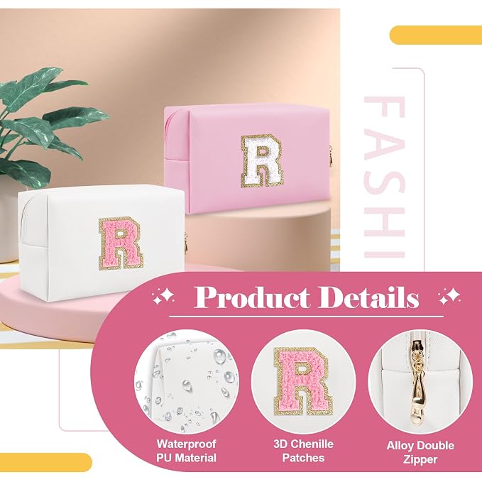 Personalized Makeup Bag Initial A-Z Preppy Patch Bag,Small PU Leather Travel Cosmetic Bag Pouch with Zipper,White Cute Toiletry Bag,Gift Ideal for Teen Girls Women Birthday Friend Mom,Letter R