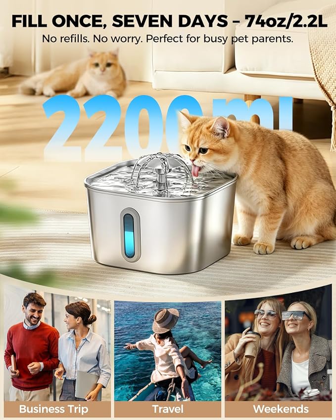 Cat Water Fountain Stainless Steel 74oz/2.2L with 3 Filters & 3 Sponges | Indoor Pet Water Dispenser-Automatic Silent Small Dog Fountains for Drinking-Auto Metal Watering Bowls-Gifts for Kitty Animal